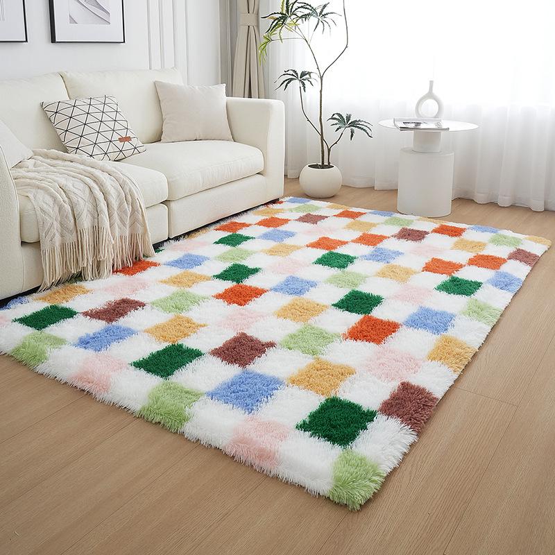 Luxury Black and White Checkerboard Silk Wool Rug - Thick, Colorful Carpet for Bedroom, Living Room or Bay Window.