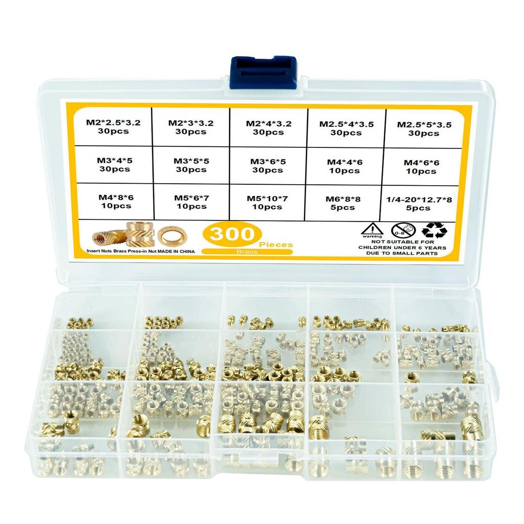 300pcs Threaded Inserts M2 M2.5 M3 M4 M5 M6 1/4-20 Insert Nuts Brass Threaded Bushing