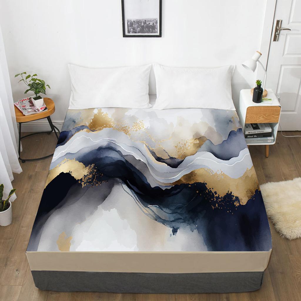 Fashion marble 3D printing pattern fitted sheet mattress cover elastic band bed sheet bedding