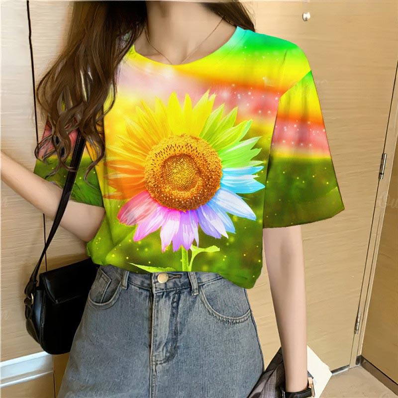 Summer Round Neck 3D Colorful Flowers Pattern Print Top Fashionable Casual Short Sleeved Women's T-shirts