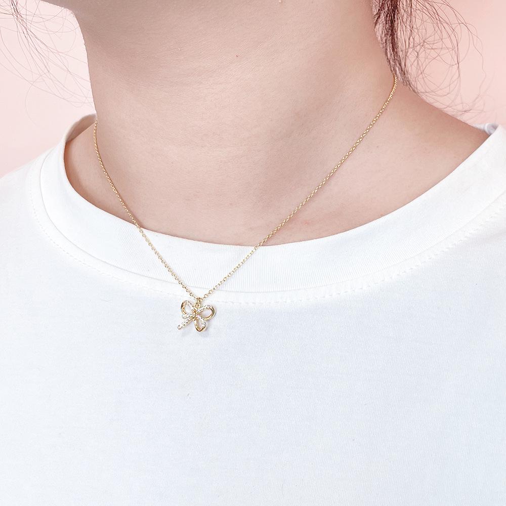 18k Gold-Plated Bow Pendant Necklace & Moissanite Earring Set