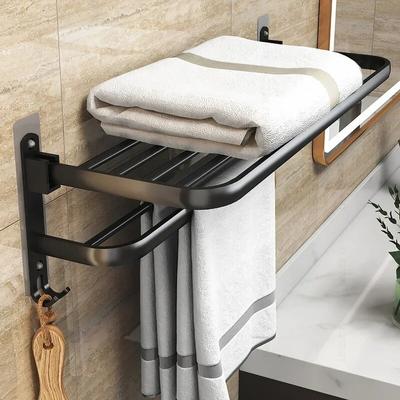 40/50/60CM Double Layer Towel Rack Black Non Drilling Movable Wall Mounted Bracket Aluminum Shower Rack  Folding Holder Bathroom Accessories