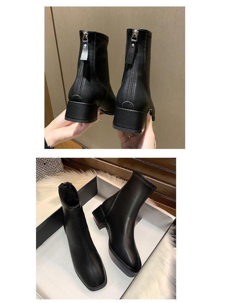 Beige Slimming Square Toe Chunky Ankle Boots with Back Zipper and Fleece Lining for Women – 2025 Autumn/Winter Collection