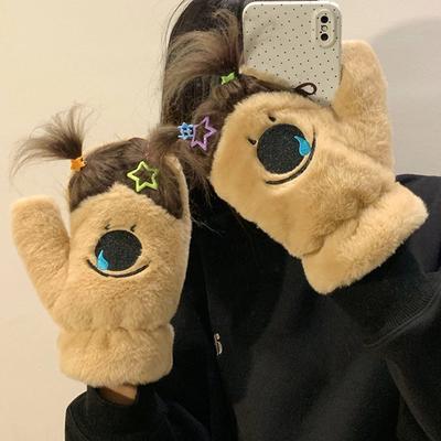 Gants tressés amusants en peluche pour femmes en hiver Mignons Étudiants Col licou Couverture complète des doigts Plus velours pour garder au chaud Cyclisme Prévenir le froid