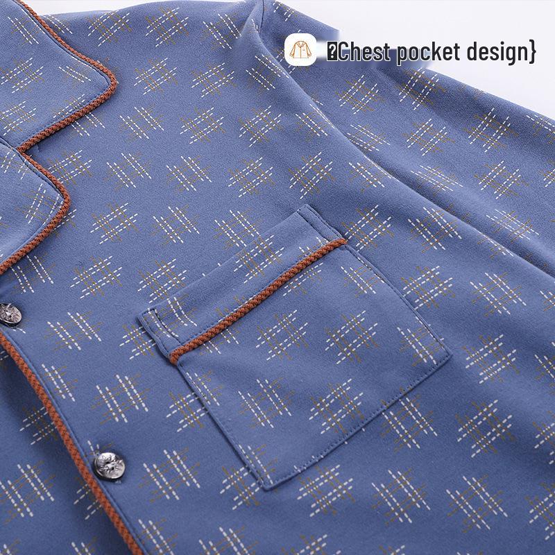 Men's Long-Sleeve Pure Cotton Pajama Set with Lapel - Autumn/Winter Two-Piece Homewear