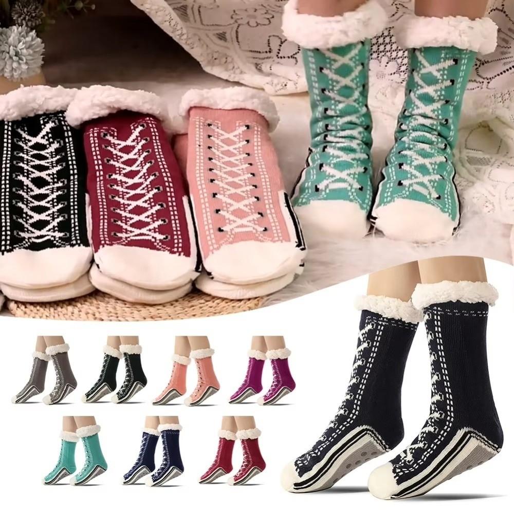 1Pair Striped Floor Sleeping Socks Plush Snow Socks Casual Slipper Sock  for Woman Girls
