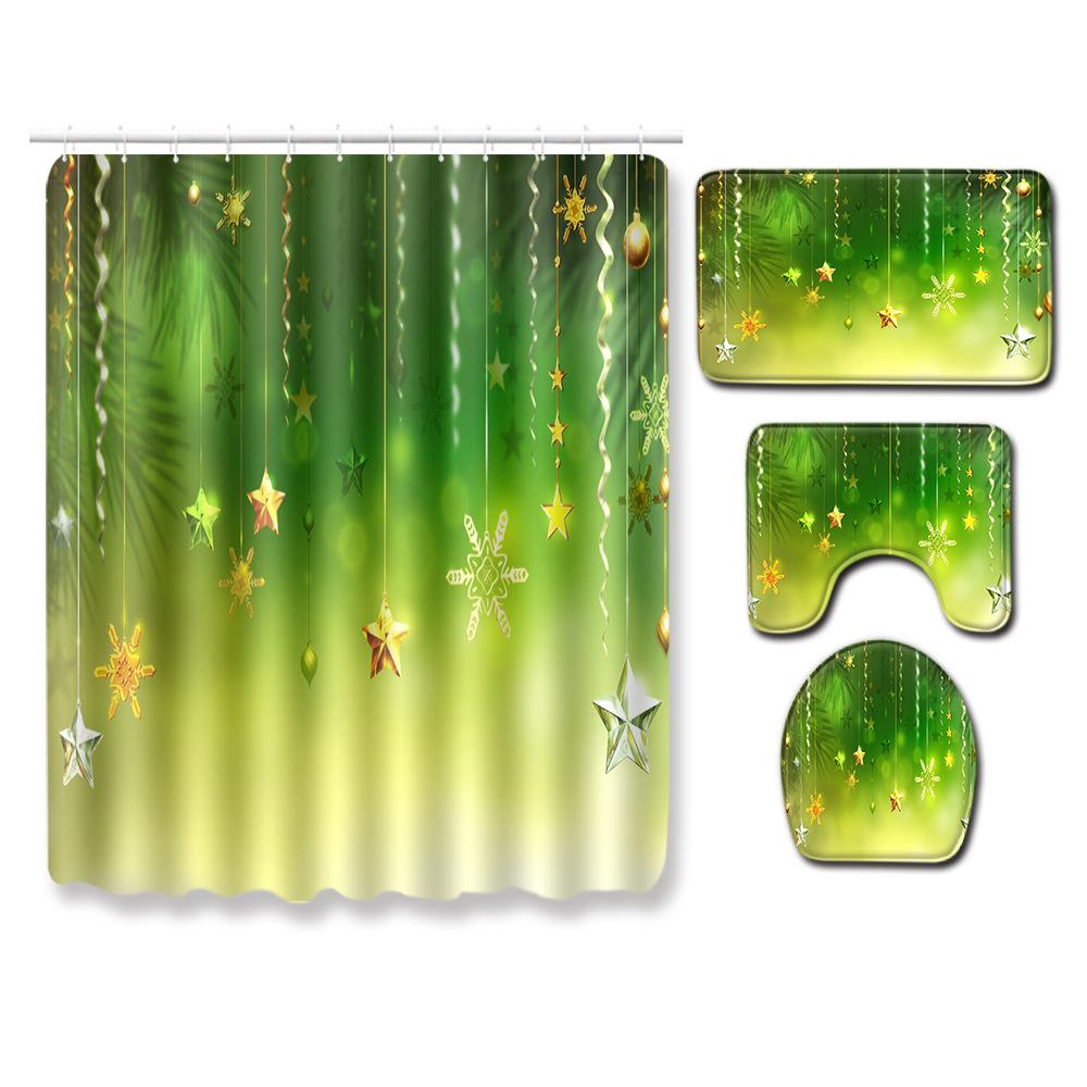Christmas Home Shower Curtain Waterproof Polyester Cloth Toilet Floor Mat Four-Piece Set Entrance Door Mat Bedroom Living Room Carpet