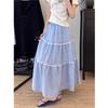 Women's Summer Gentle Style Blue Check Skirt High-Waisted Flowing Lace-Panel A-Line Full Casual All-match Versatile Pleated Skirt