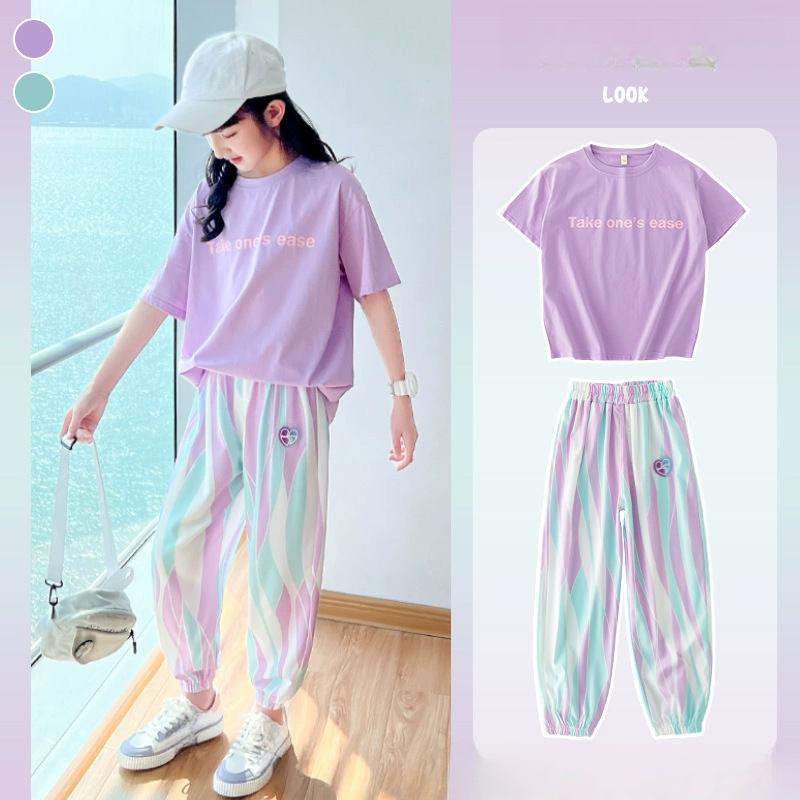 

Girls Sportswear Set Summer Casual Short Sleeve Outfit Trendy Two-Piece Clothing Fashionable 110 рожевий