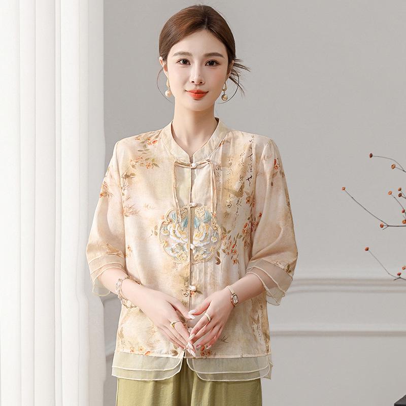 

Летняя блузка с принтом моды 2025 года с рукавом средней длины для женщин среднего и пожилого возраста 5XL (140-155 jin)