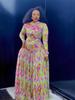 Women's Colorful Floral Mesh Long Sleeve Irregular Round Neck Dress with Wide Hem 26005