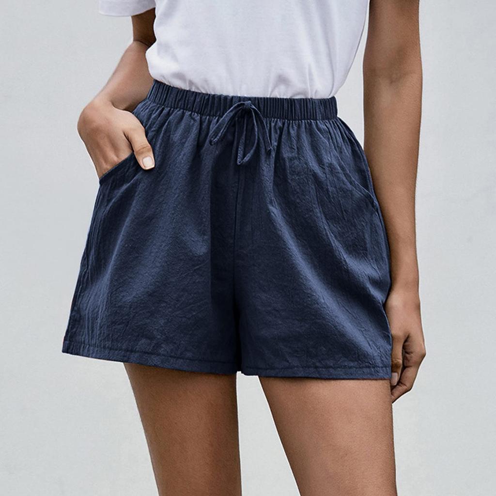 Women's Fashionable Color Drawstring Elastic Waist Pocket Casual Loose Shorts