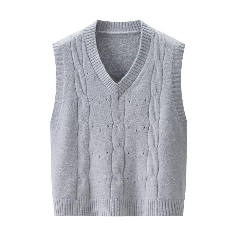 Chaleco de punto para mujer 2026 estilo universitario con ribete de ganchillo - Top sin mangas ligero para capas en azul niebla beige púrpura