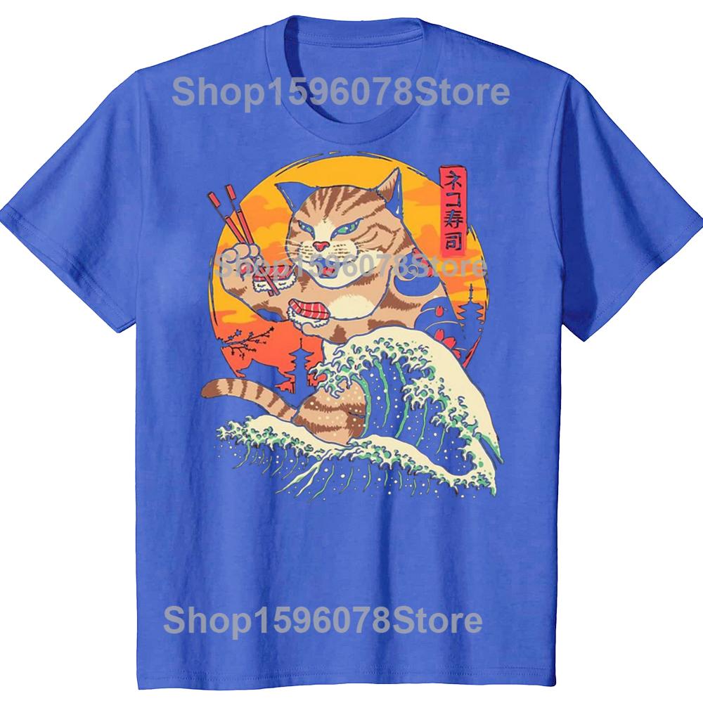 Funny Cat Eating Sushi Graphic T Shirts Men Women Pure Cotton Humor Streetwear Tee Shirt Short Sleeve Unisex Loose Clothing