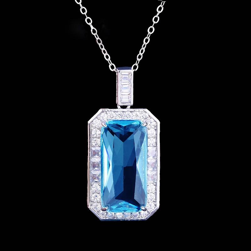 Huitan Geometric Blue Cubic Zirconia Pendant Necklace for Women Luxury Trendy Wedding Neck Accessories Temperament Lady Jewelry