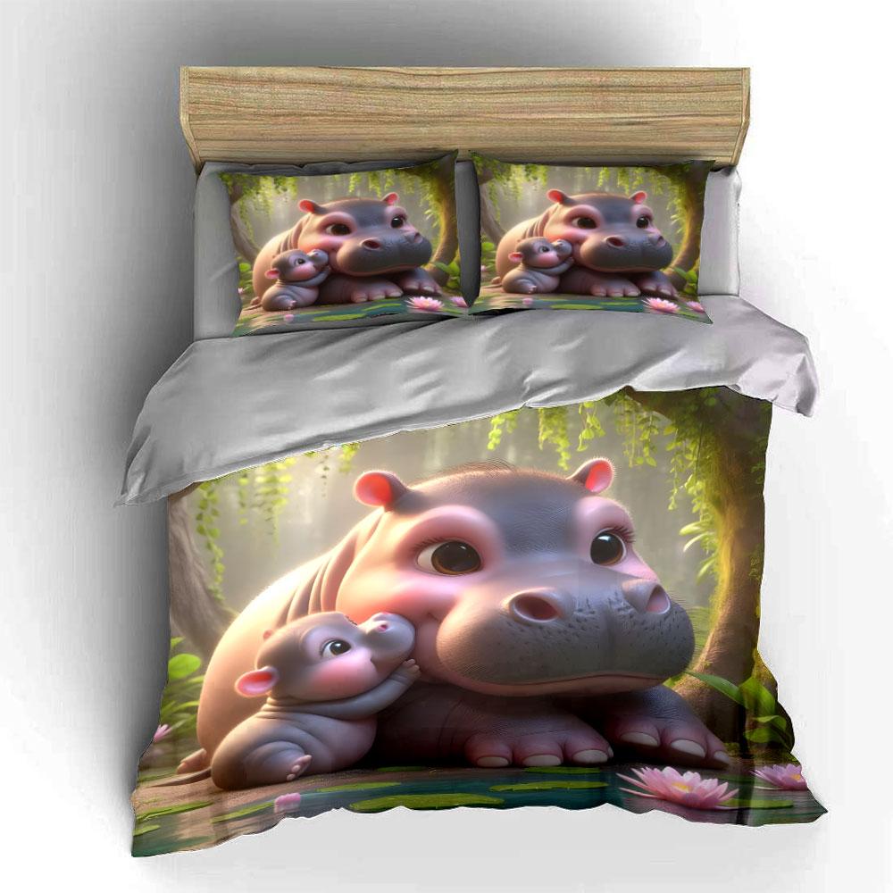 Cute Hippo Family Bedding Set Bedding Duvet Cover Set Duvet Cover Pillowcases (1 * Duvet Cover 2 * Pillowcases, without duvet insert)