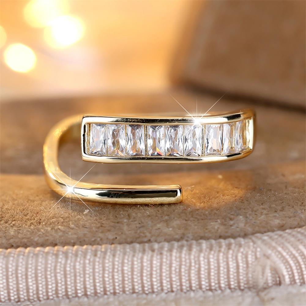 Single Row White Zircon Square Stone Open Rings For Women Gold Silver Color Engagement Bands Wedding Jewelry
