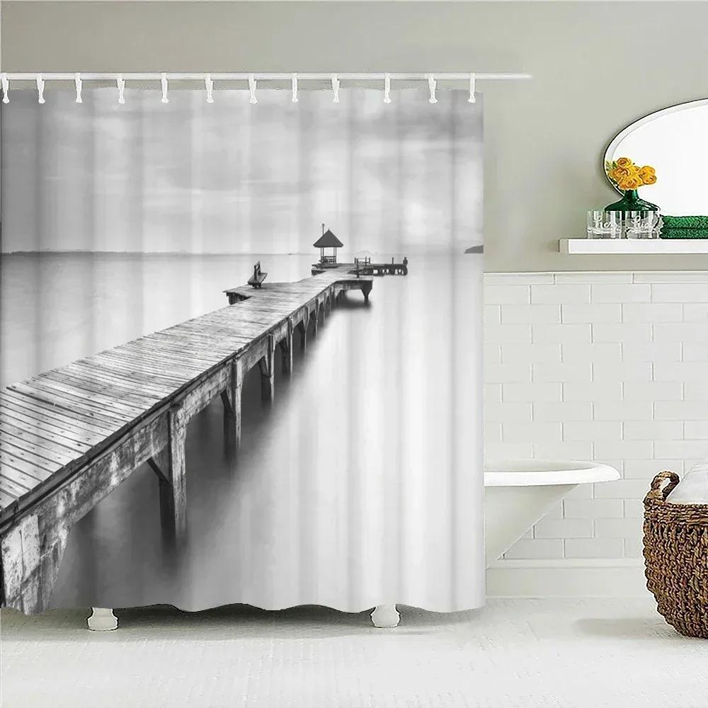 Seaside Scenery 3d Printed Polyester Shower Curtain Wooden Bridge Nature Fabric Waterproof Bathroom Curtain for Bathtub 180x180