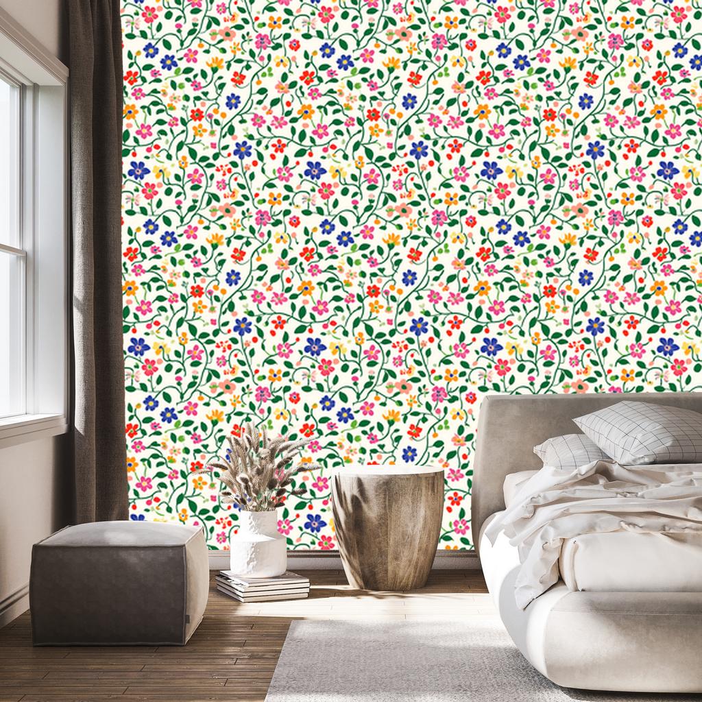 Wallpaper Small Flowers Green and White for Living Room and Bedroom 50x1000