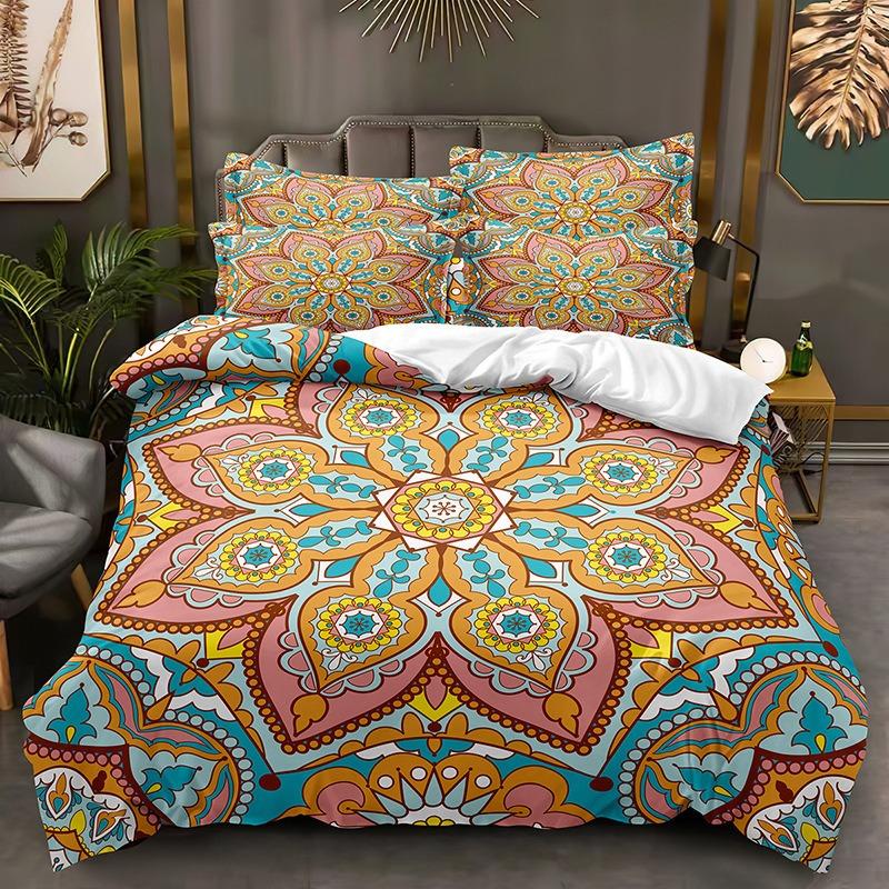 Boho Mandala Bedding Set, Hand-Drawn Queen Size Design,  Soft Microfiber duvet cover Pillowcases, Meditation & Yoga Decor, Gift