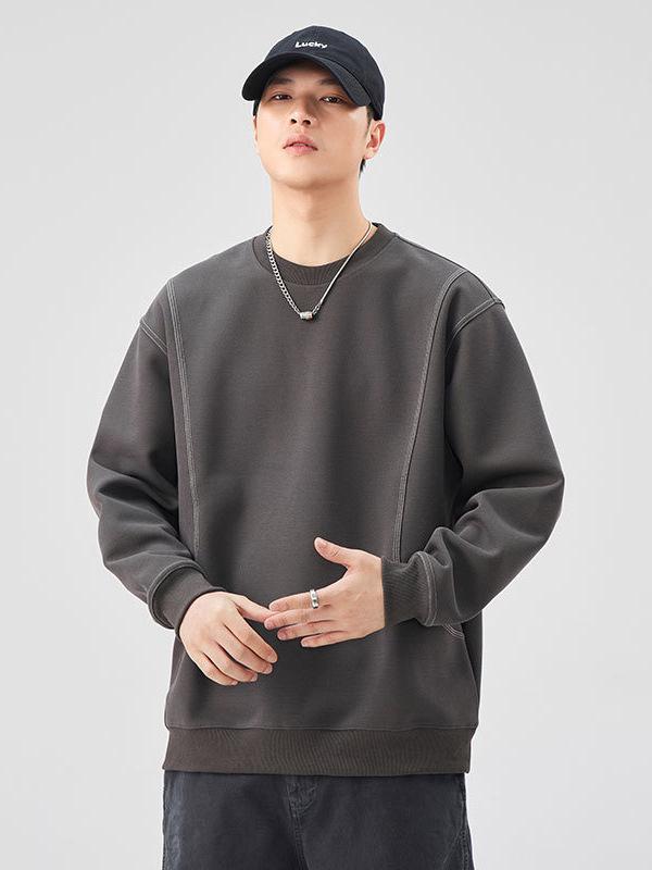 Herren Amerikanisches Retro Plüsch Nähte Rundhals Sweatshirt – Einfarbige, Vielseitige, Lockere Passform Freizeit Oberteil