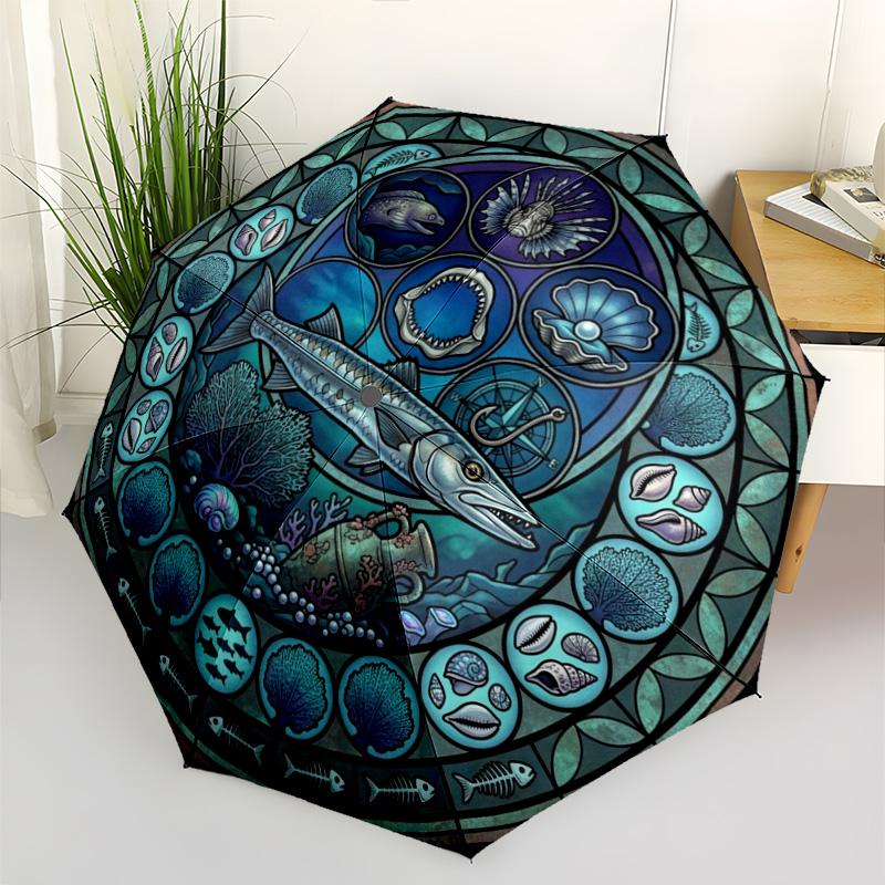 Marine Life Glass Pattern Umbrella, Portable and Foldable Design, 8 Ribs, a Casual Accessory for Halloween, Christmas, and Birthday Gifts.