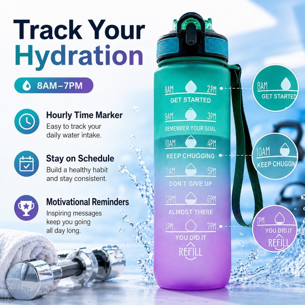1000ml Plastic Water Bottle with Time Marker, Leakproof Gradient Sports Bottle for Women Men, Gym Yoga Hiking Office