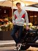 Spring & Autumn Cotton Cardigan: Trendy Red, White & Blue Patchwork Jacket for Couples (B05)