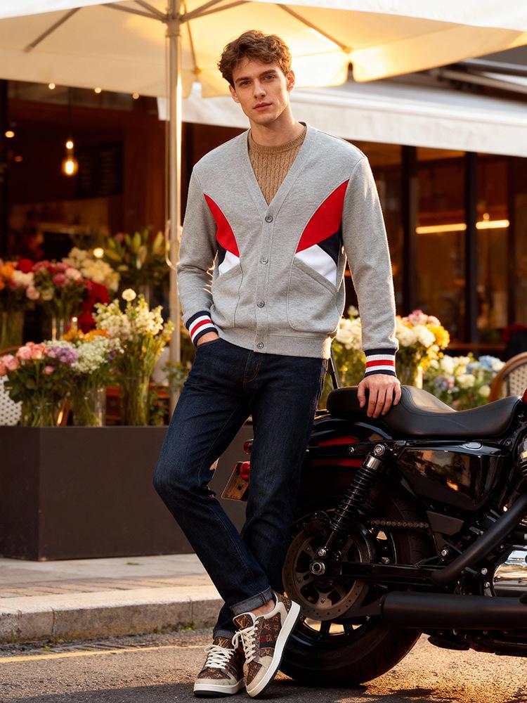 Spring & Autumn Cotton Cardigan: Trendy Red, White & Blue Patchwork Jacket for Couples (B05)