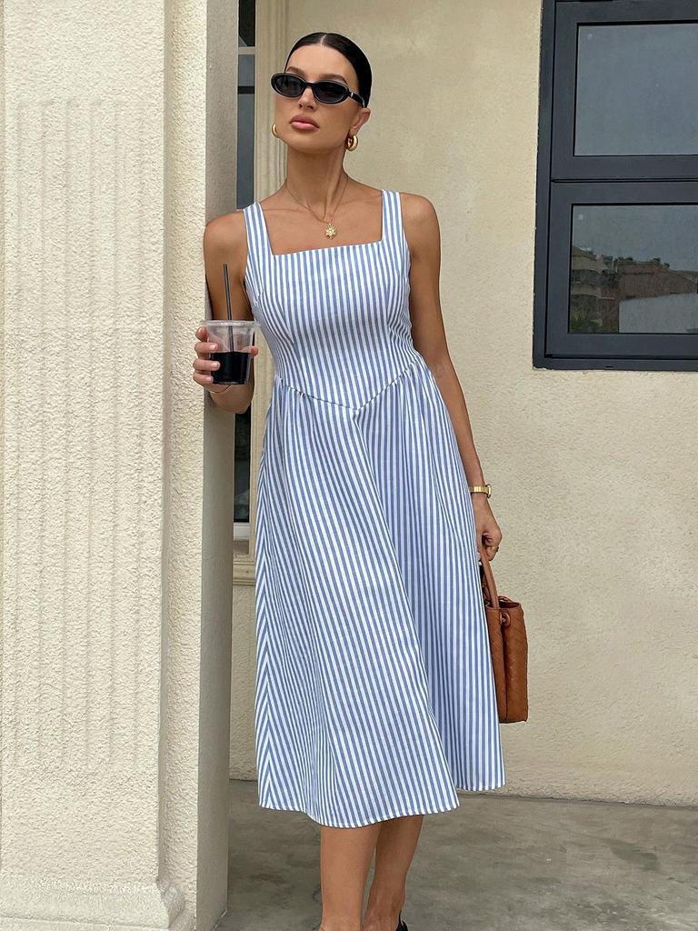 Women's Sleeveless Square Neck Striped Midi Dress