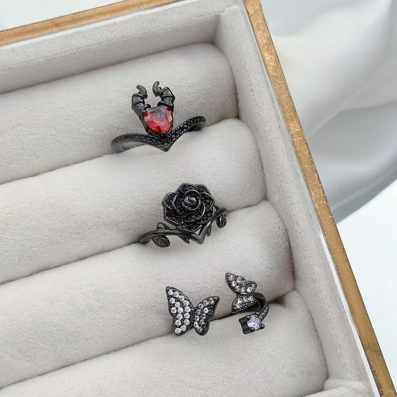 Light Luxury Retro Dark Personality Rose Butterfly Open Ring Women'S Fashion Temperament Fashion Punk Index Finger Ring