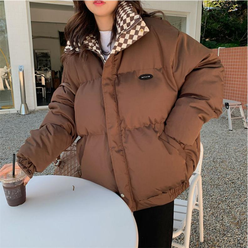 Winter Checkerboard Down Padded Jacket Women's Loose Wind Stand-up Collar Short Padded Jacket Padded Jacket Thickened Bread Jacket