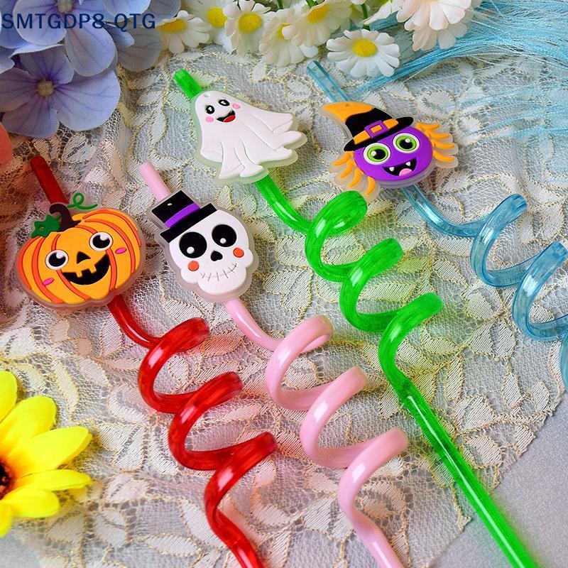 NEW 1Pcs Luminous Halloween Spiral Drinking Straws With Bats Ghost Pumpkin Witch Patterns Goodie Gifts For Kids Halloween Party