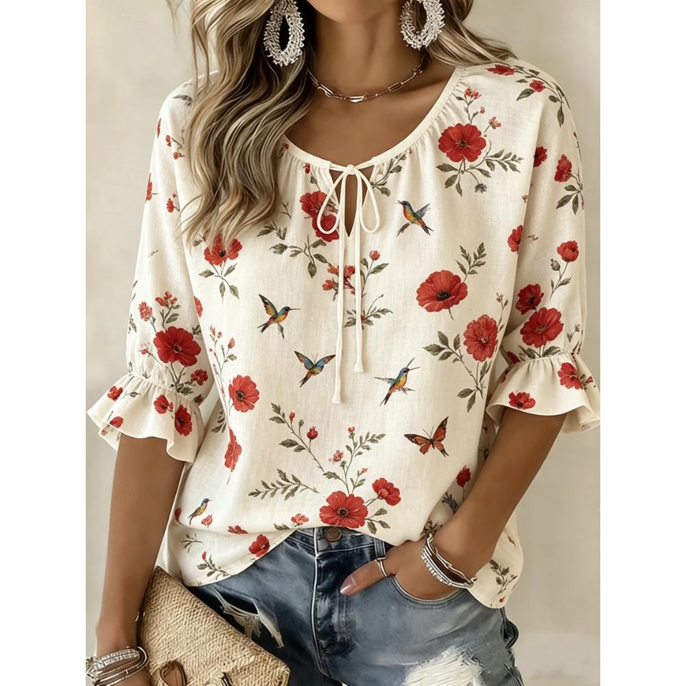 Women's Beige Floral & Butterfly Print Tie Neck Blouse, Casual Loose Tops for Spring Summer Daily Wear & Vacation Occasions