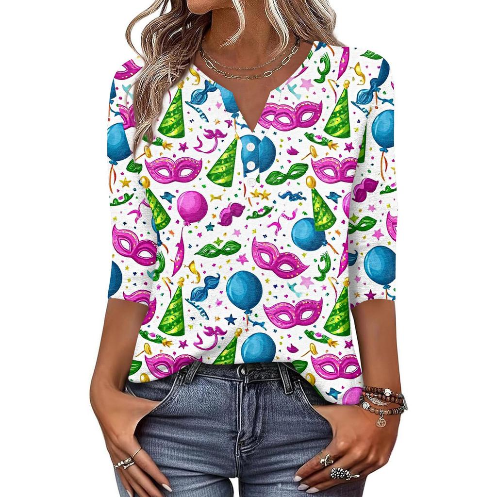 Women's T Shirt Print Button 3/4 Sleeve Daily Weekend Fashion Basic V- Neck Regular Top