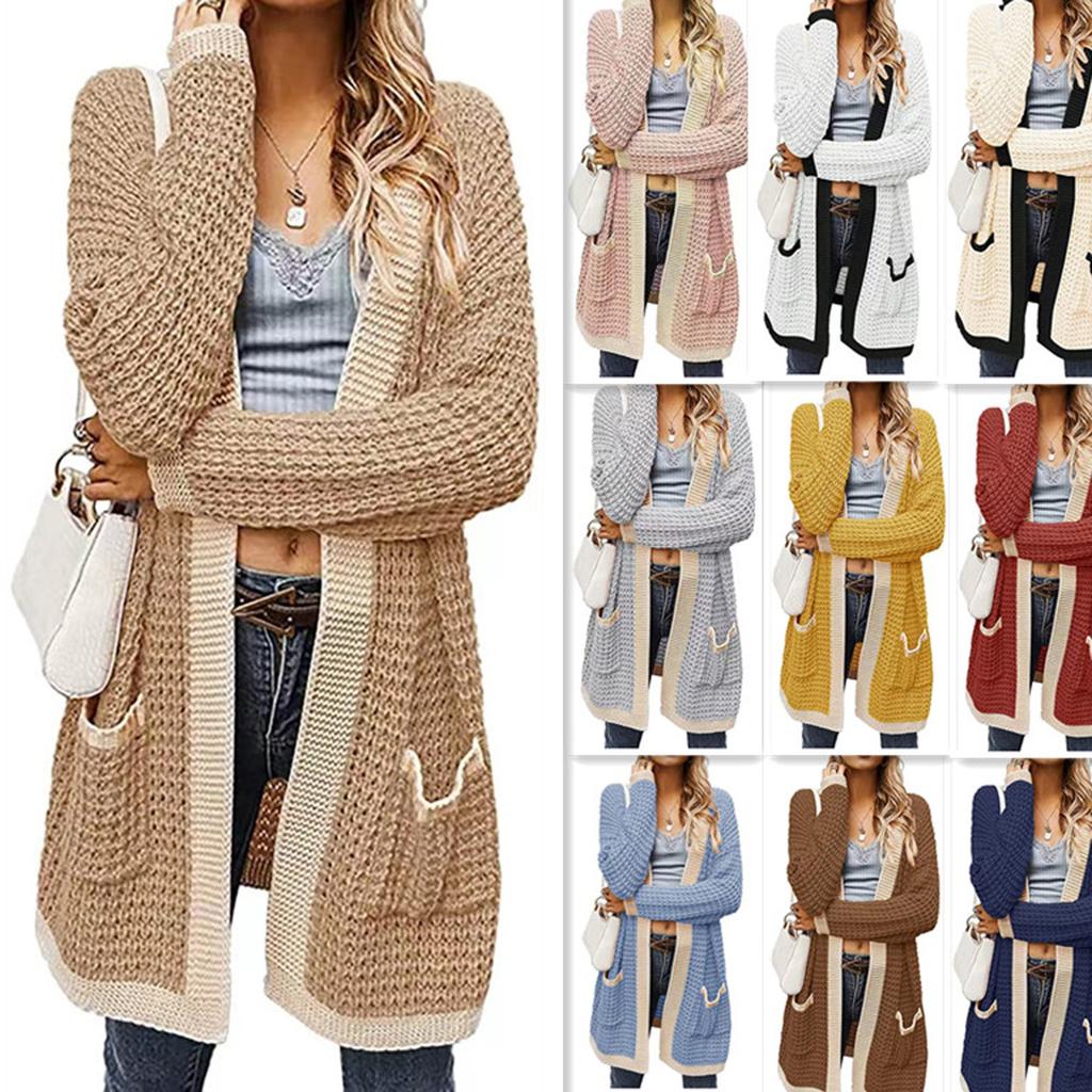 Women Winter Wool Cardigan Solid Patchwork Jacket Sweater Long Loose Thick Coat Cardigan