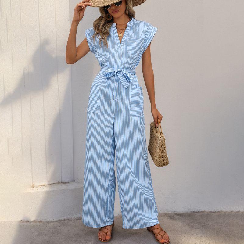 

Fashion Women Jumpsuit Casual Ladies Clothes Fashion Stripe Women Jumpsuit Blue L
