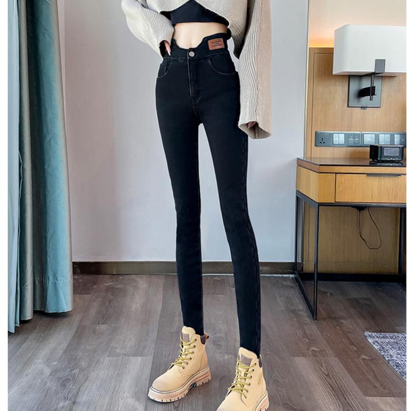 Winter Jeans High Waist Button Slim Women Fleece Skinny Elasticity Thickening Warm Velvet Female Little Feet Pencil Denim Trouser