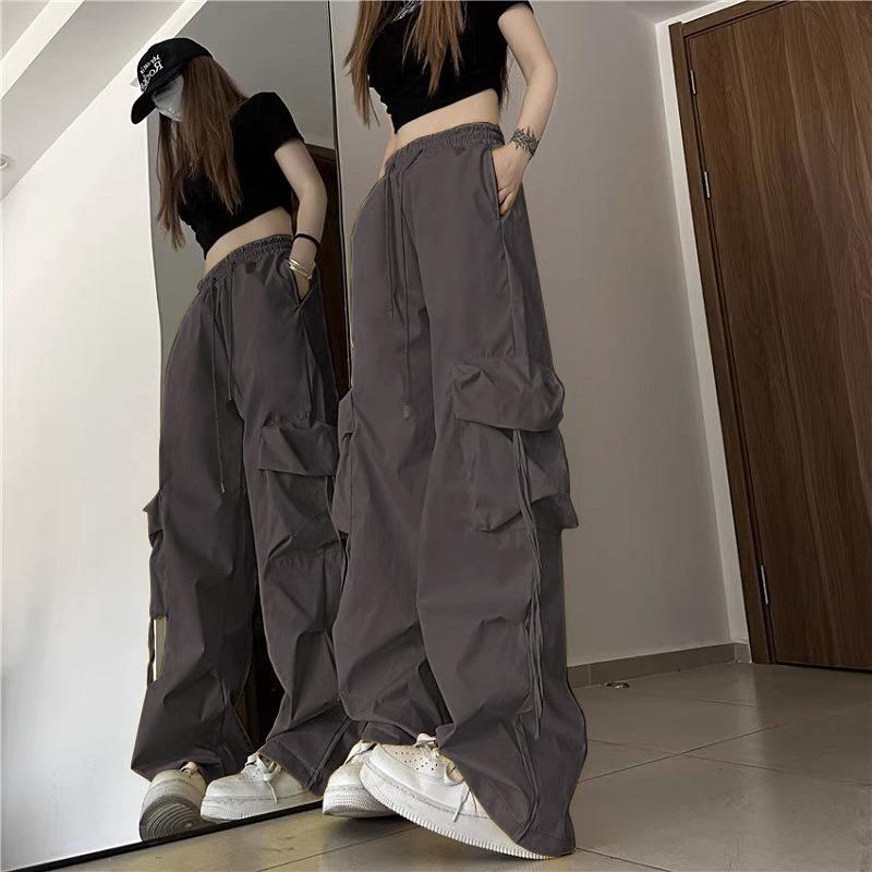 American Style Vintage Overalls Women's Three-Dimensional Pocket High Waist Straight Wide Leg Ribbon Loose Casual Trousers