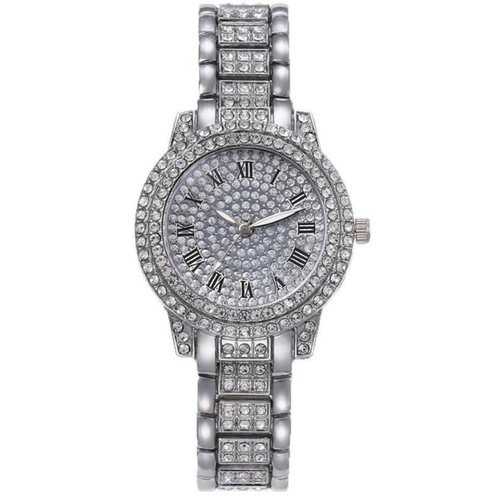 Full Diamond Roman Literary Steel Belt Watch Female Gypsy Temperament Business Quartz Watch Hip Hop Wind Full Diamond Bracelet Set