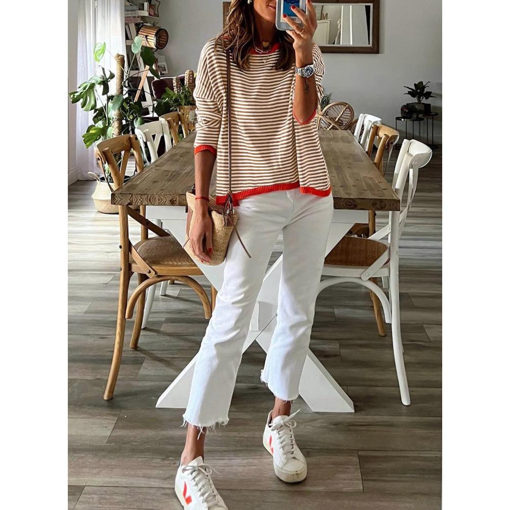 Autumn and Winter Round Neck Striped Contrasting Long Sleeved Casual Women's Sweaters