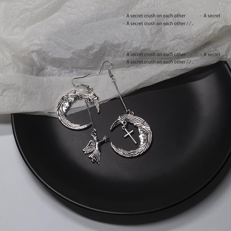 Wind Stud Earrings Gothic Punk Trendy Retro Moon Angel Cross Combination Pierless Ear Clips Stud Earrings