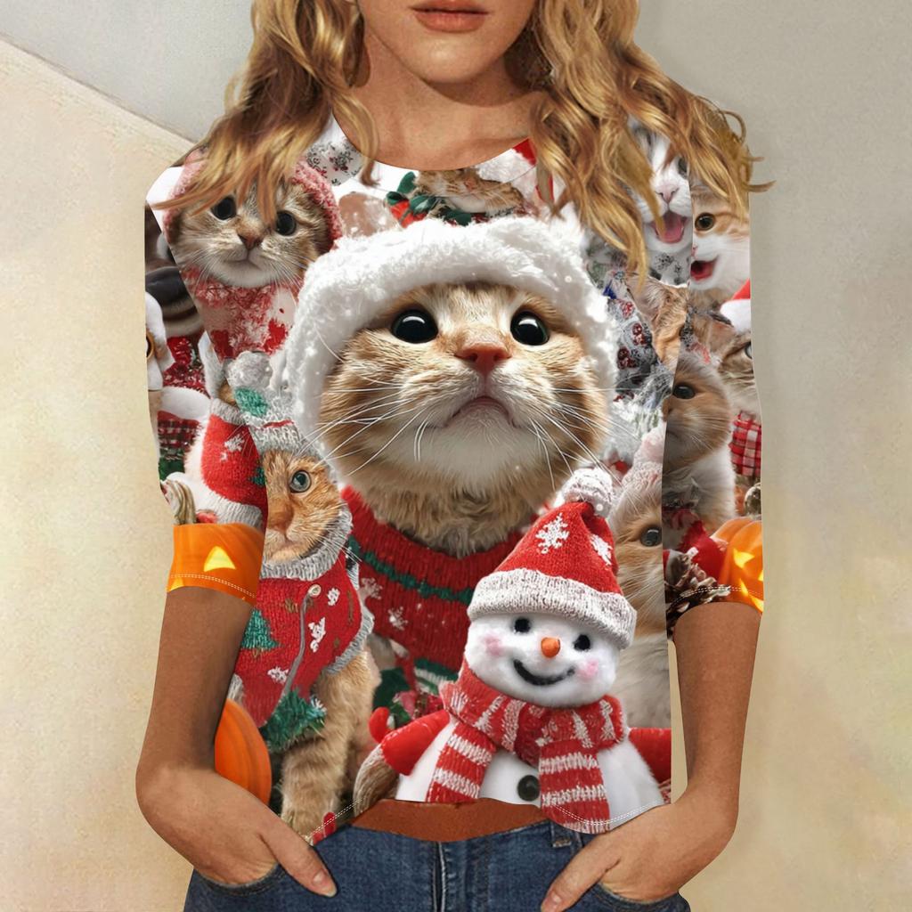 Dámské módní a ležérní top s tříčtvrtečním rukávem a vánočním potiskem s kulatým výstřihem