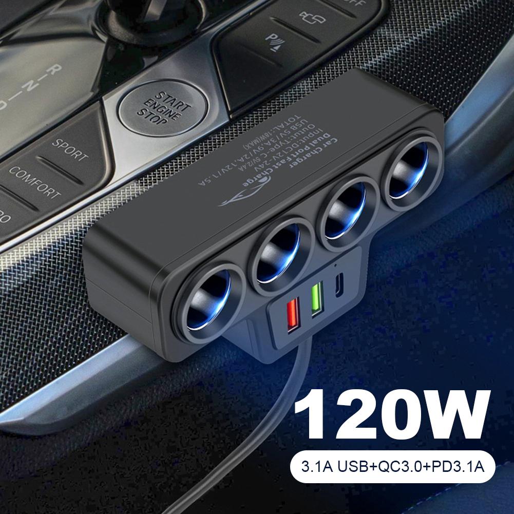 QC3.0+PD 3.1A Car Cigarette Lighter Adapter 12V-24V 4-Socket 3 USB Socket 120W Car Cigarette Lighter Splitter Fast Charger Plug