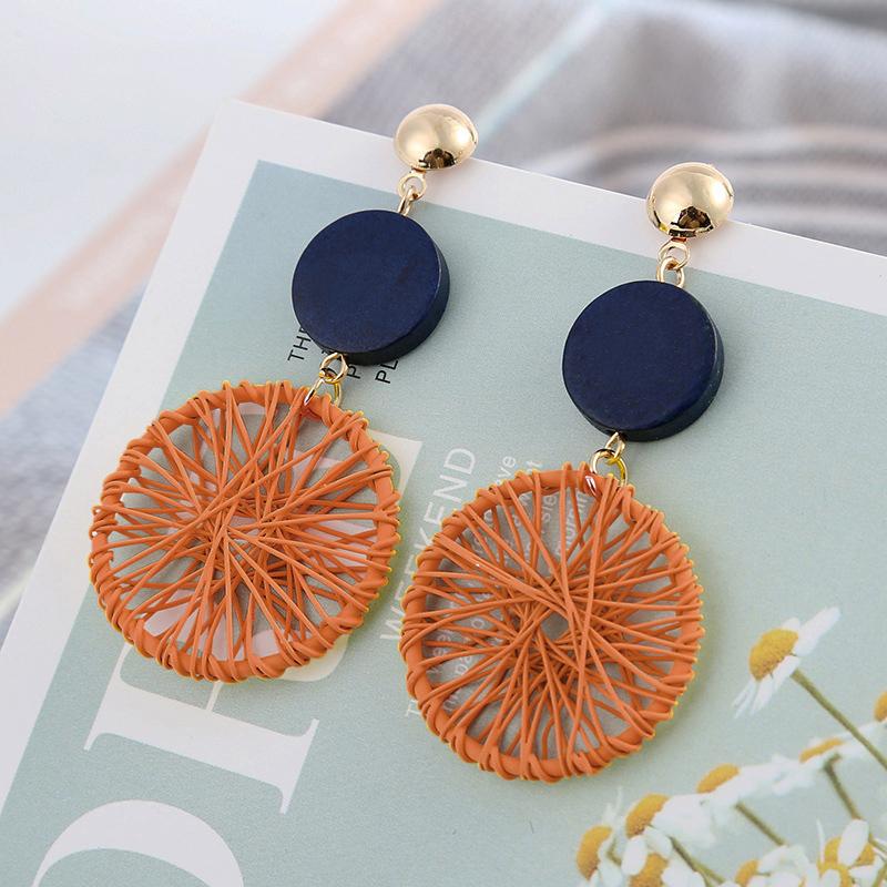Hollow Woven Net Dangle Earrings for Women Fashion Funny Wooden Round Pendants Drop Earrings Cool Stuff long hanging earrings