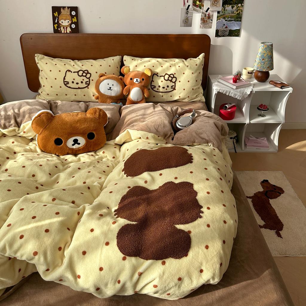 Cute Cat Embroidered Autumn Winter Warm Bedding Set Milk Velvet Thicken Warmth Duvet Cover Set with Sheet Quilt Cover Pillowcase