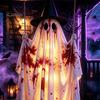 Front Porch Holiday Display Hanging Swing Ghost Halloween Decoration, Spooky Light Up Large Swinging Adjustable Cord with Blood Fabric for Yard