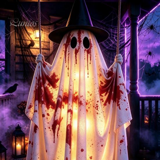 Front Porch Holiday Display Hanging Swing Ghost Halloween Decoration, Spooky Light Up Large Swinging Adjustable Cord with Blood Fabric for Yard