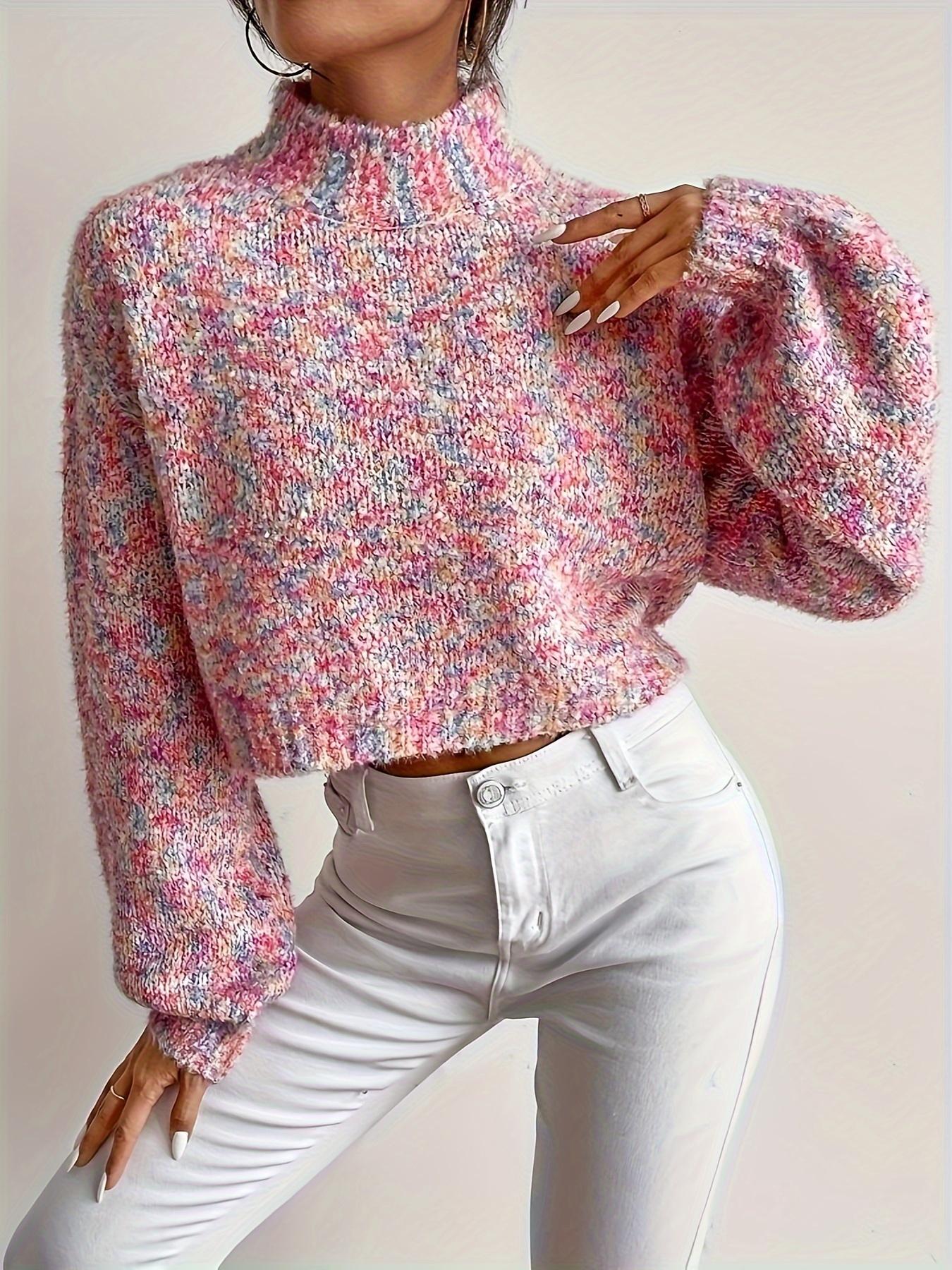 

Красочный узор свитер с воротником-стойкой, элегантный укороченный свитер с длинными рукавами для осени и зимы, женская одежда L розовый