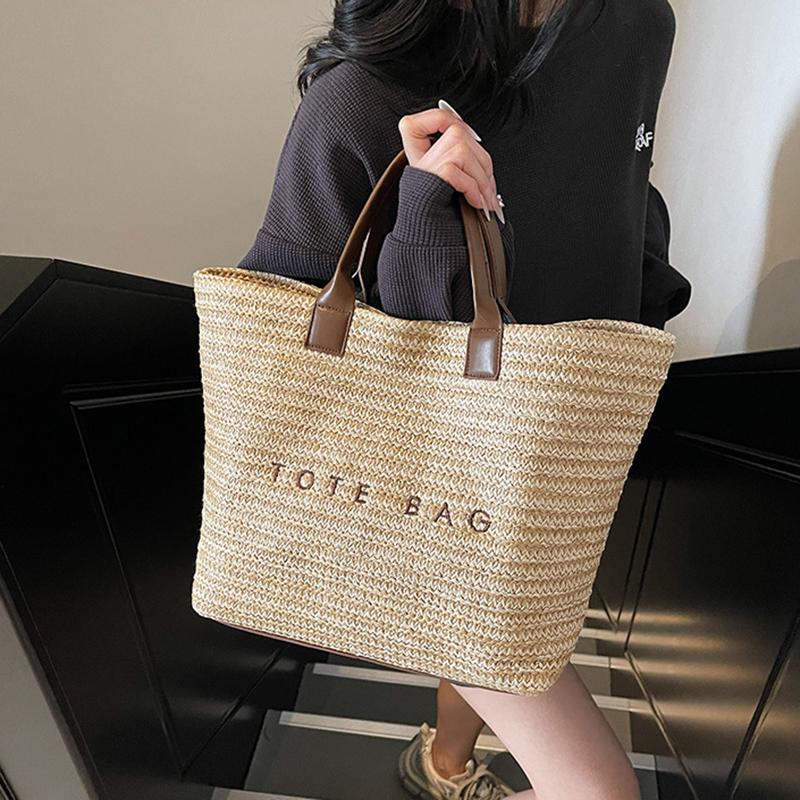 Women Straw Tote Handbag Large Capacity Crochet Beach Shoulder Bag Solid Color Weaving Travel Ladies Summer Daily Bag CLE